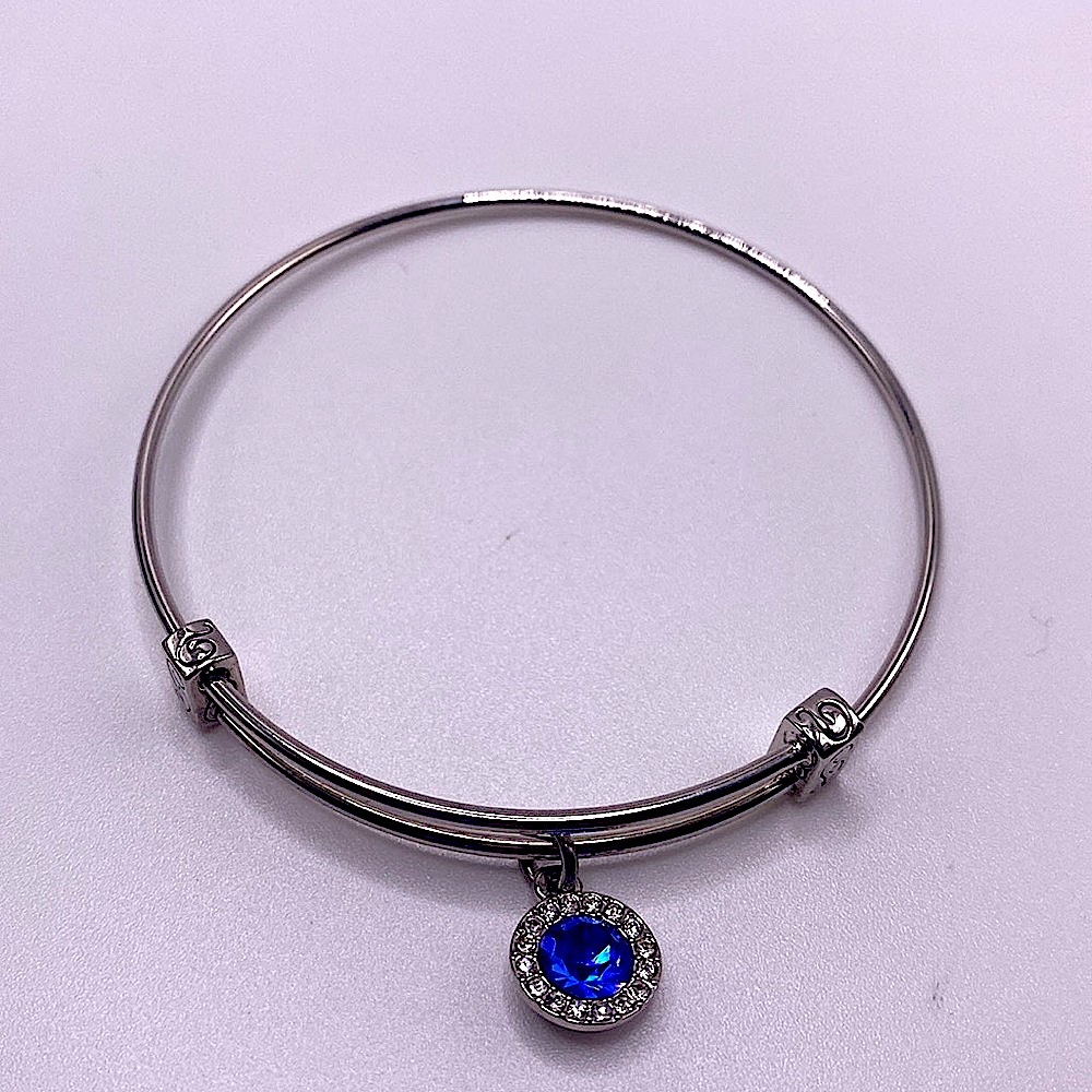 September Birthstone Silver Bangle Sparkly Blue Sapphire Dangle Charm Bracelet